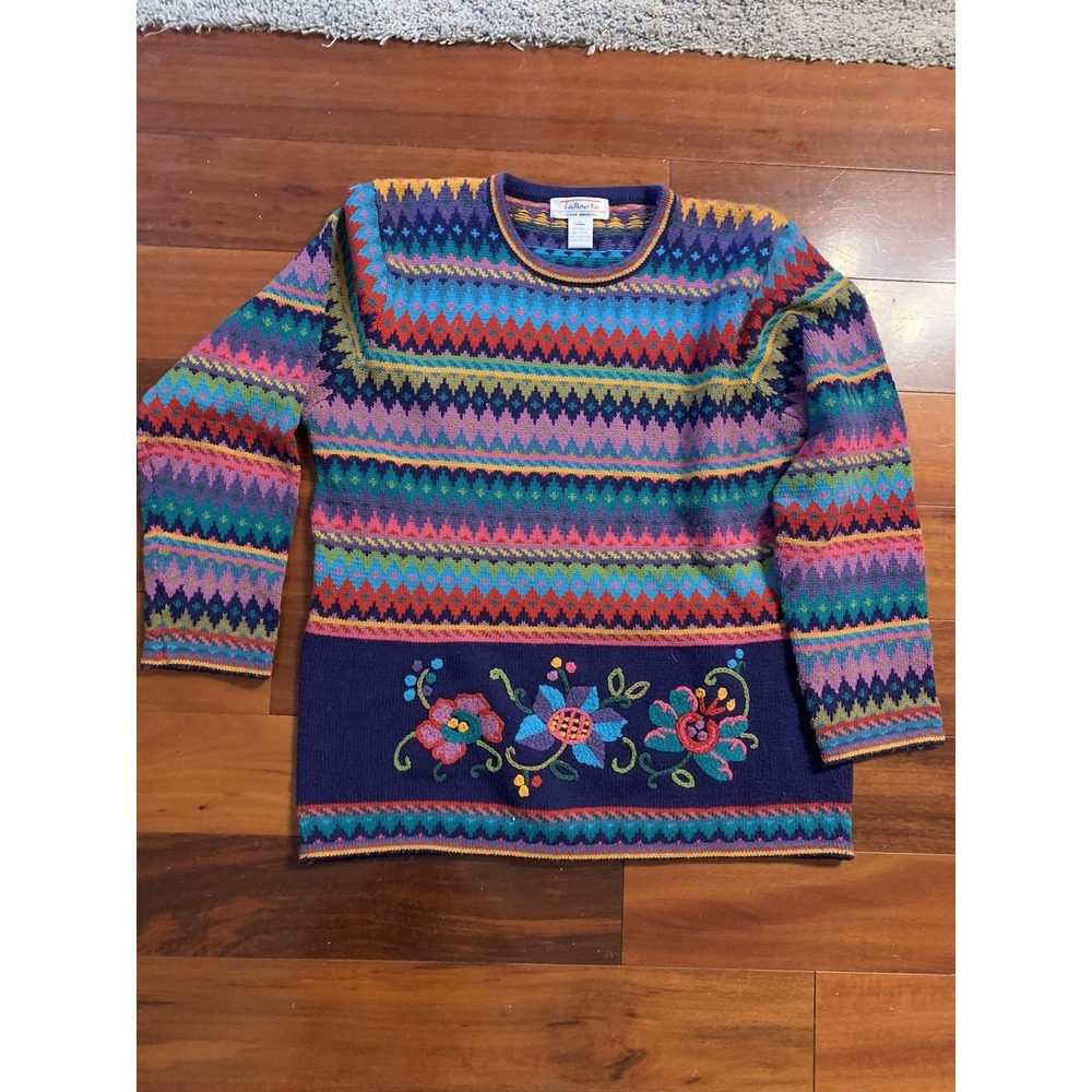 3D Knit Cardigan Sweater Womens L Striped Talbots Flower Floral Colorful Thick